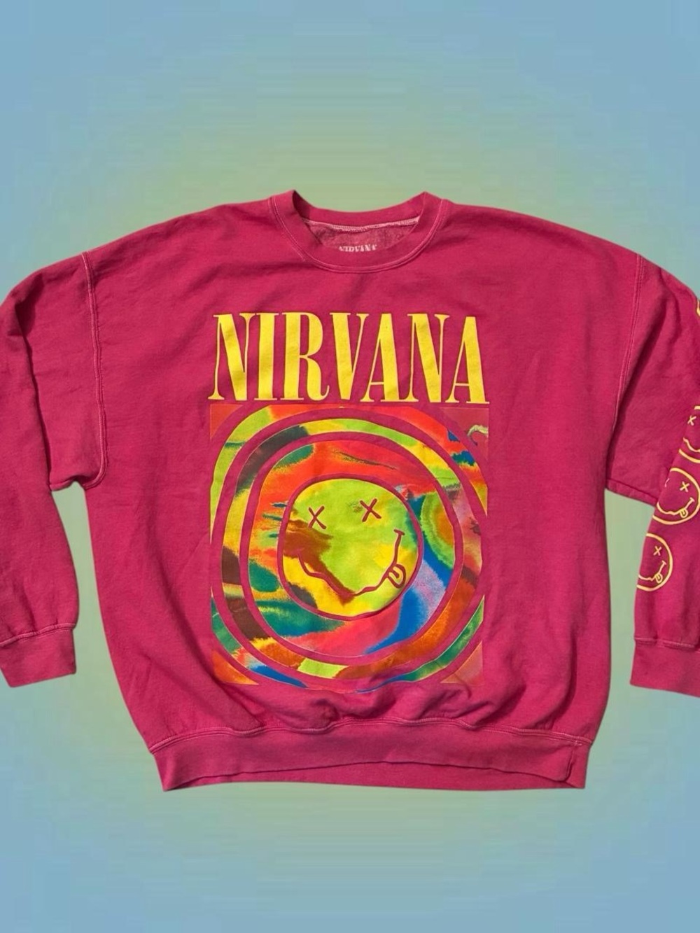 Urban Outfitters Nirvana Crewneck Sweatshirt - Magenta with Multicolor Graphic